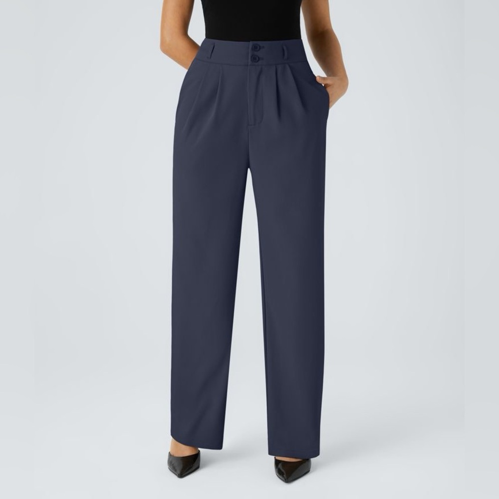 Halara High Waisted Zipper Pocket Shirred Straight Leg Work Pants Medium Blue
